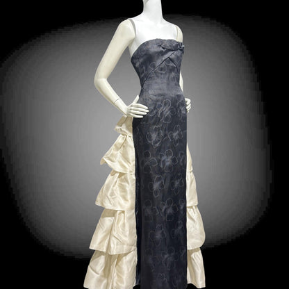 ARNOLD SCAASI vintage 1960s evening gown dress, black and white silk cascading ruffle gown