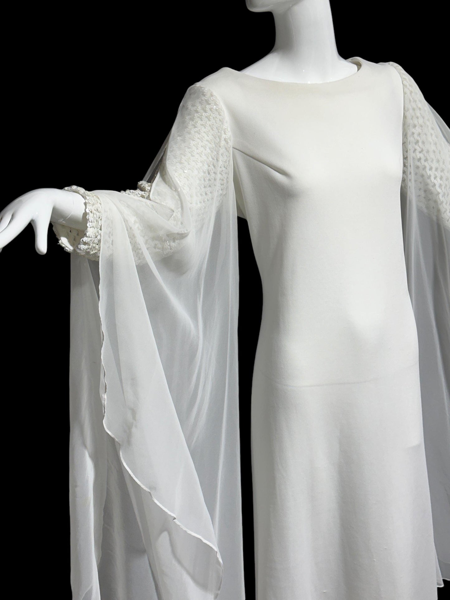 MELINDA vintage evening gown, white jersey knit poly chiffon angel sleeve dress, Medium 38 bust