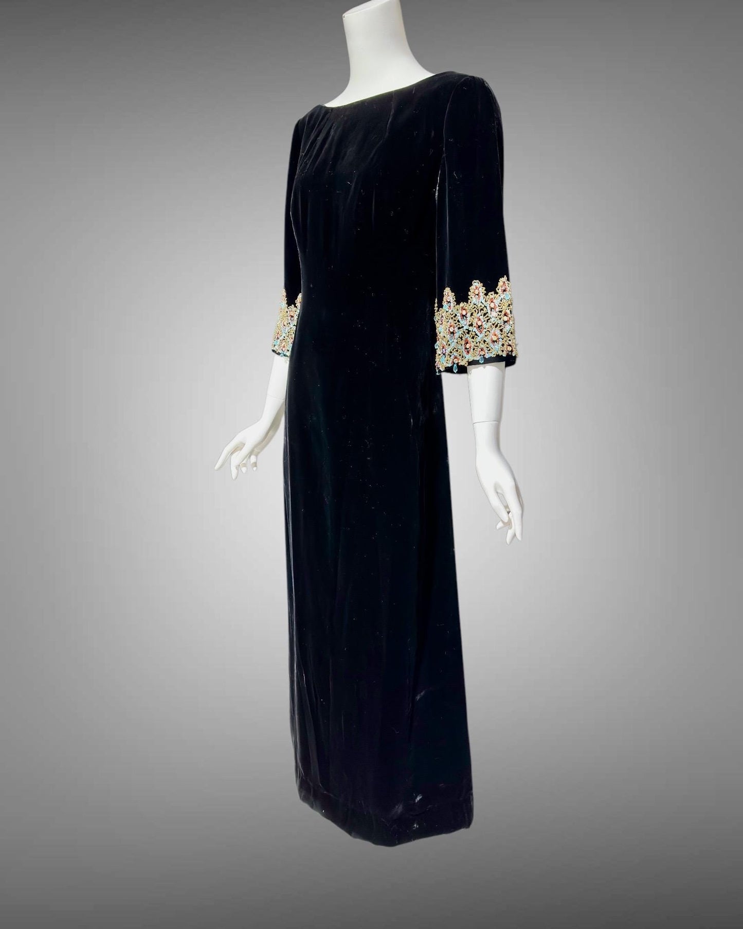 CAMEO vintage evening dress, for Bonwit Teller, 1960s black velvet beaded gown