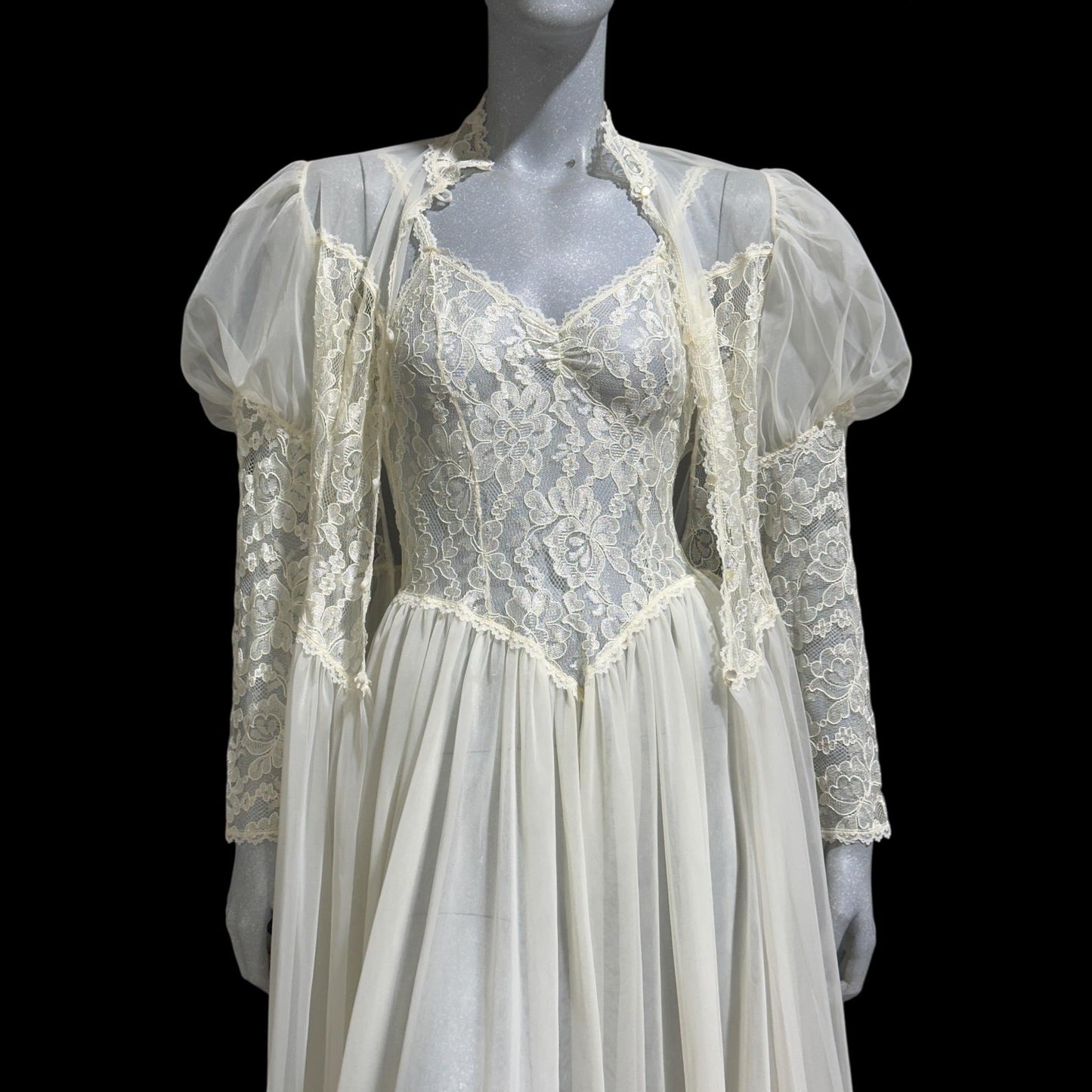 HENSON Kickernick vintage 1950s peignoir slip dress set, frothy white lacy nylon bridal nightgown robe set, THOSE SLEEVES