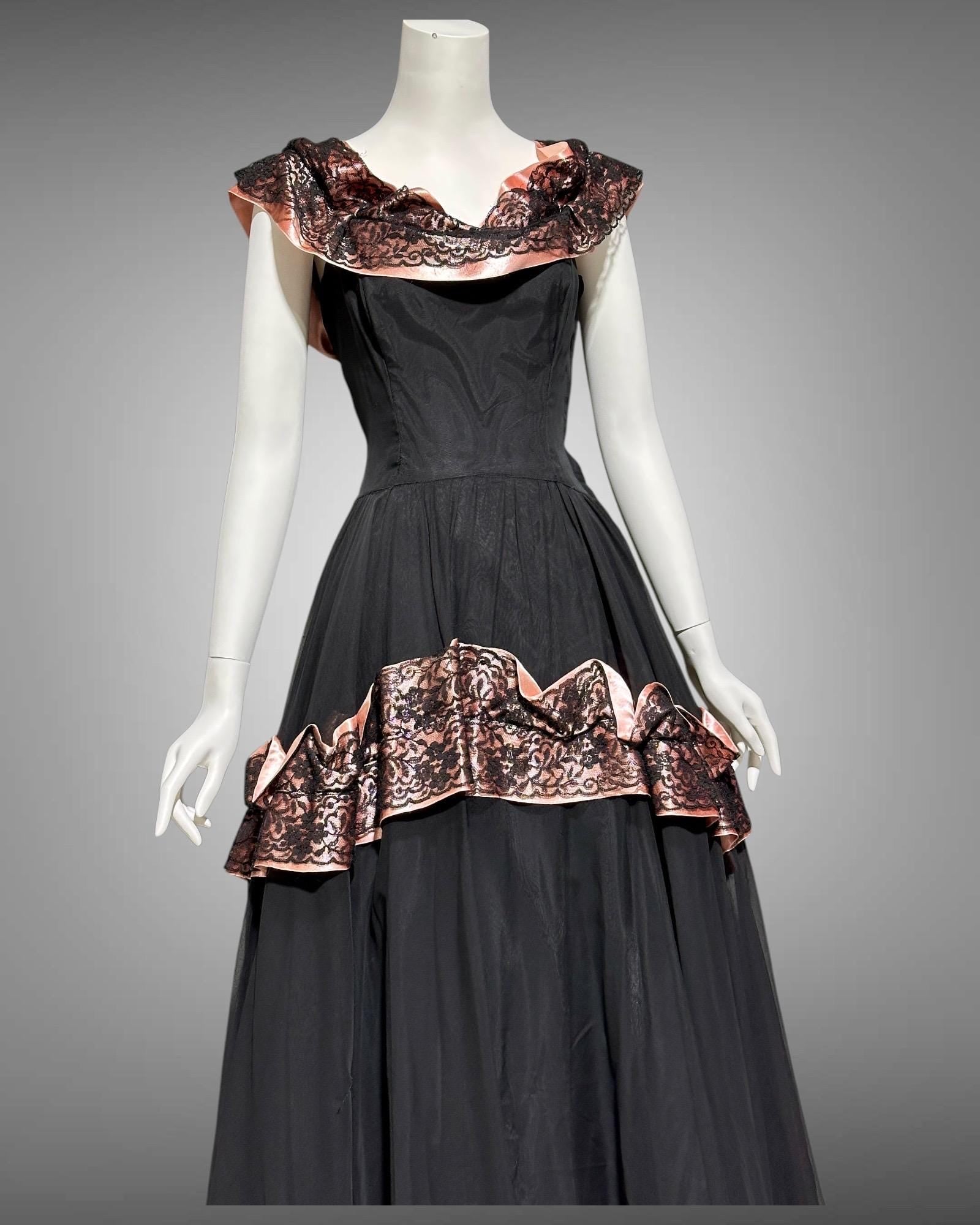 1940s vintage evening dress gown, Black mesh and pink Satin ball gown VINTAGE DRESS CLOSET 1940s vintage evening dress gown, Black mesh and pink Satin ball gown VINTAGE DRESS CLOSET