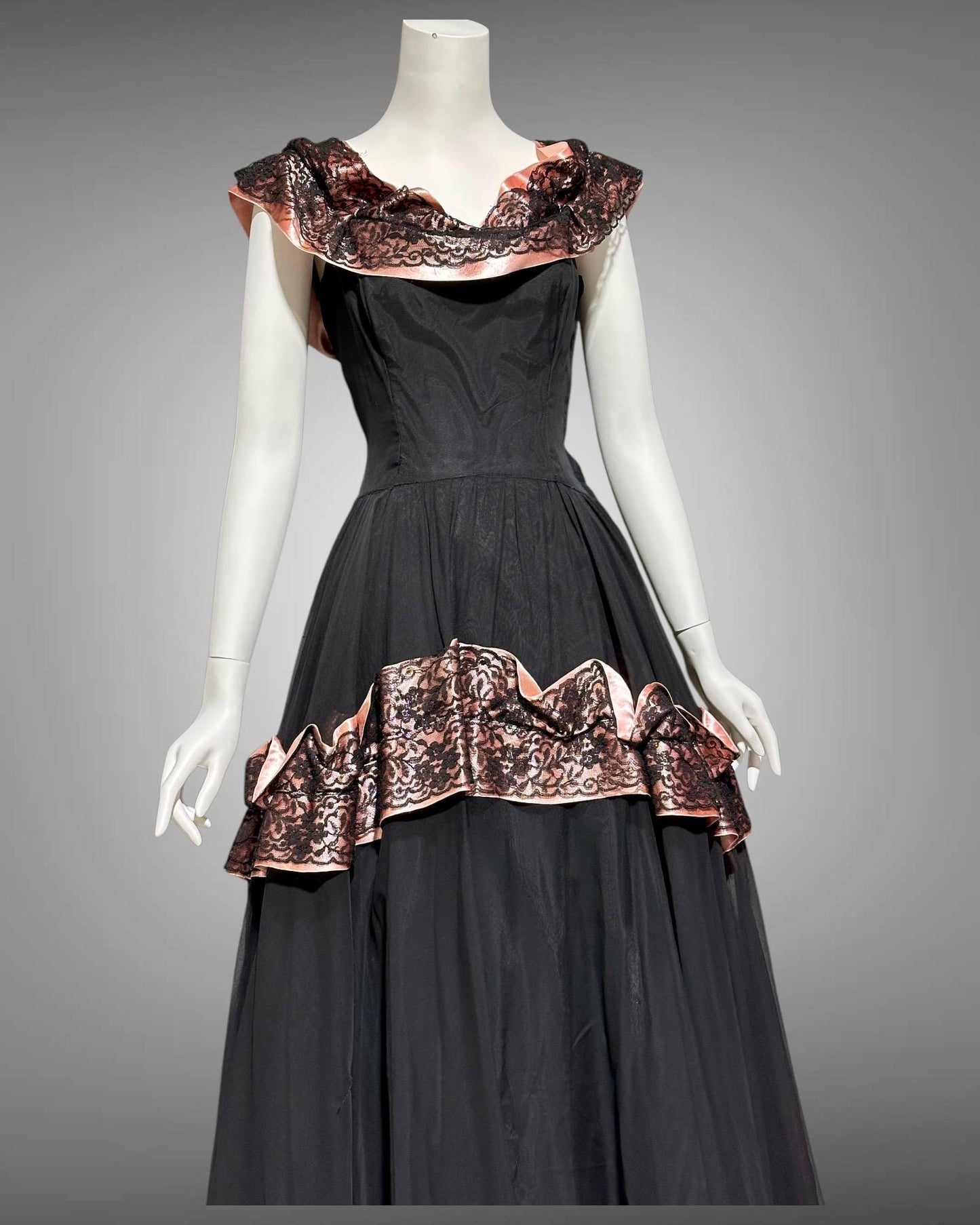 1940s vintage evening dress gown, Black mesh and pink Satin ball gown