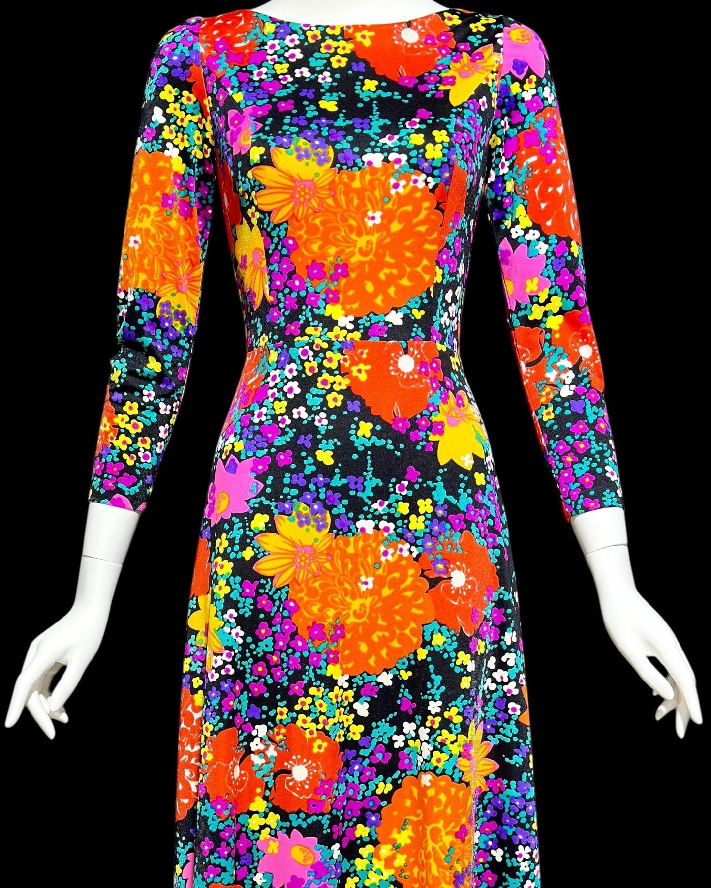 MARVELLA SCREEN PRINT, vintage 1960s neon floral maxi dress, Bold floral psychedelic dress with long sleeves