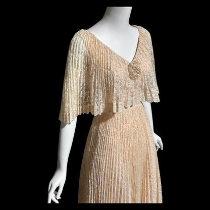 1970s vintage evening dress, peachy lace pleated dress, ruffled cape collar hippie boho chic evening gown, 36 bust