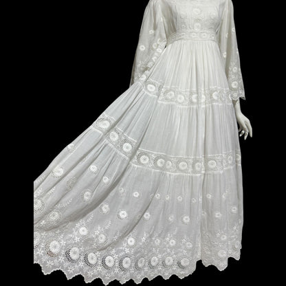 1970s Mexican Wedding dress, White batiste cotton embroidered empire ball gown