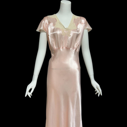 SHIRLEY RAY, vintage 1940s nightgown, Shiny baby pink bias cut rayon slip dress, full length