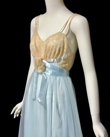 VANITY FAIR vintage 1950s nightgown, Powder Blue Nylon Lace House Dress Grecian Goddess