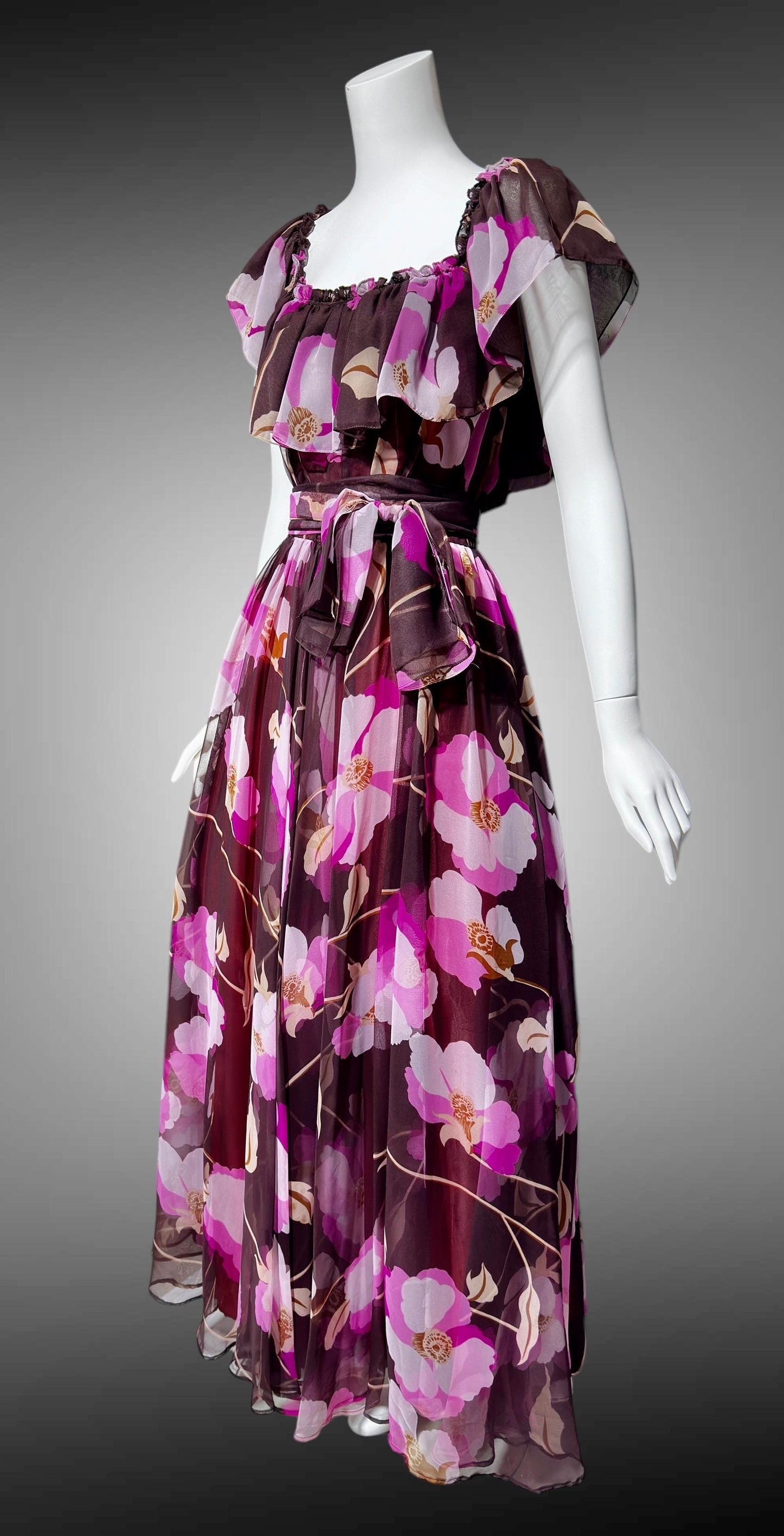 MIGNON New York, vintage 1970s Chocolate Brown Hot Pink Floral Chiffon evening gown