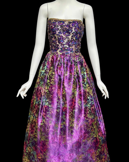 MARY MCFADDEN COUTURE, vintage 1980s evening dress, Saks Fifth Avenue Purple beaded floral ball gown