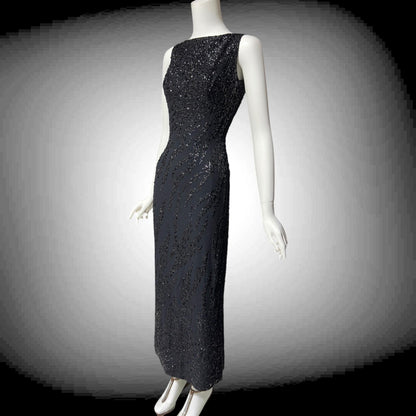 FRANK STARR Vintage 1960s evening gown dress, Lord & Taylor, black sequin sheath evening gown