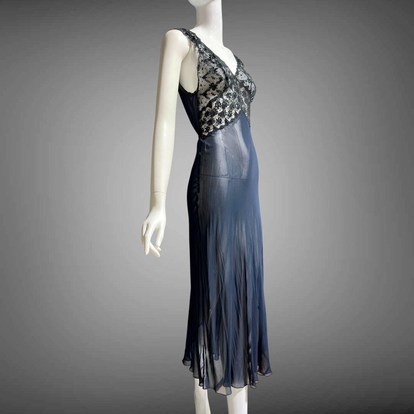 LADY DUFF, vintage 1930s Nightgown slip dress, sheer sultry black night dress, bias cut with lace