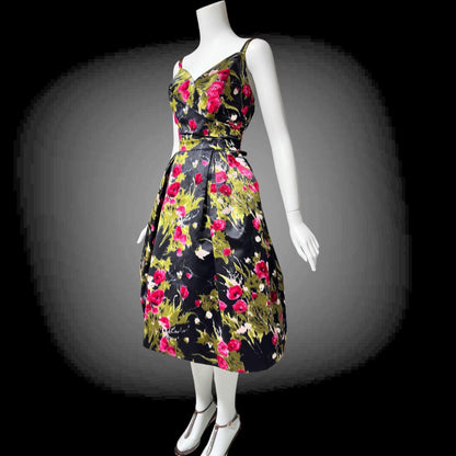 I. MAGNIN vintage 1950s evening dress, black floral cocktail party dress, Black with magenta poppies