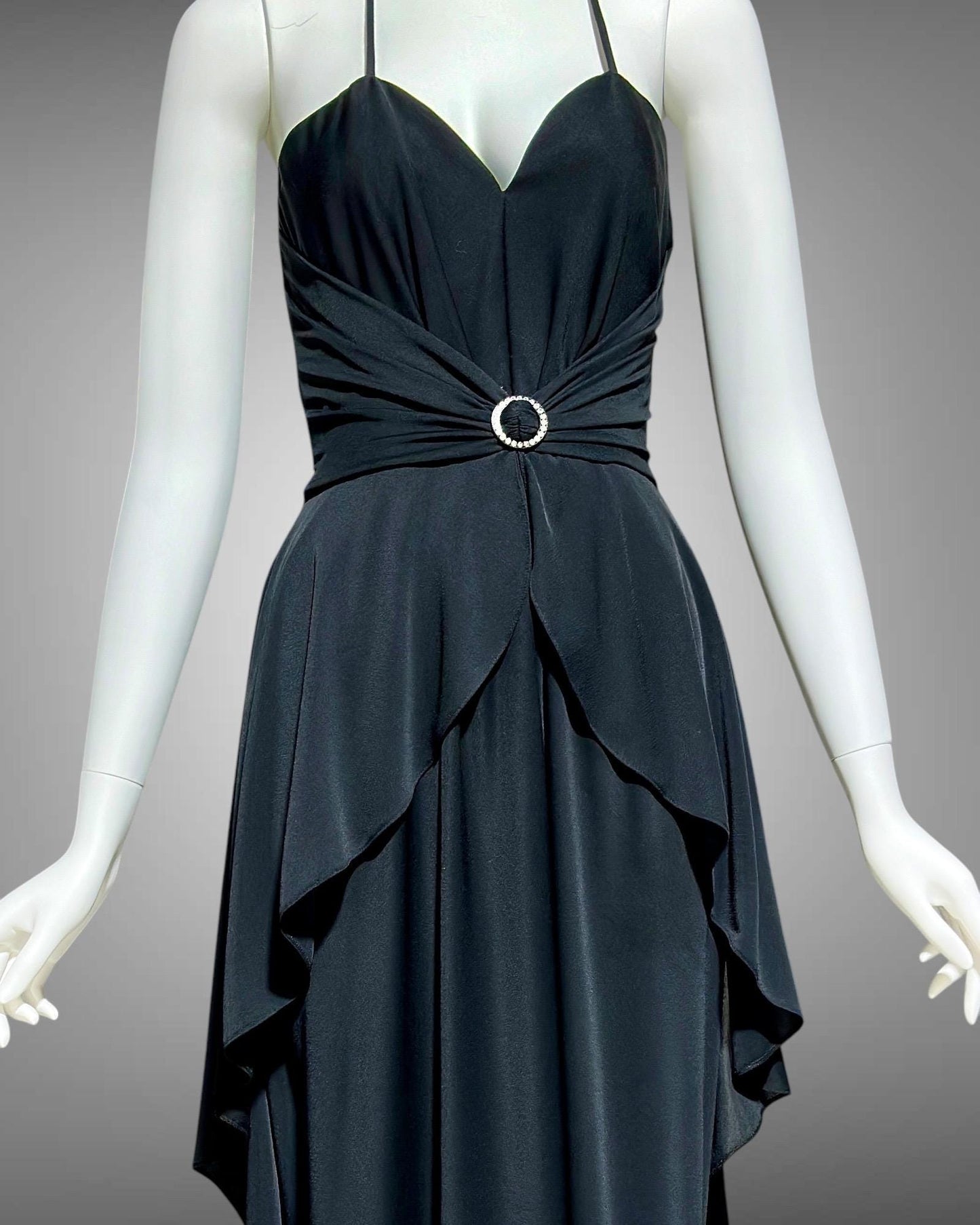 FRANK USHER 1970s vintage Black disco halter Dress, Bustier bodice and Long Peplum skirt