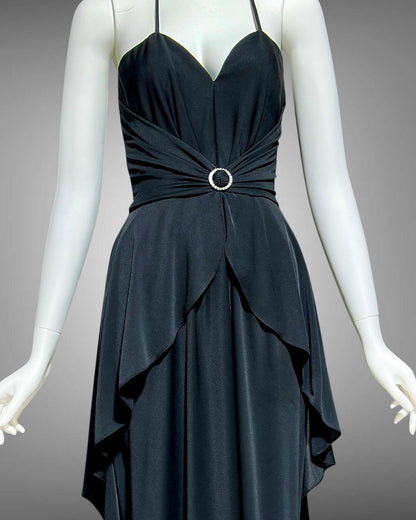 FRANK USHER 1970s vintage Black disco halter evening Dress, Bustier bodice and Long Peplum skirt