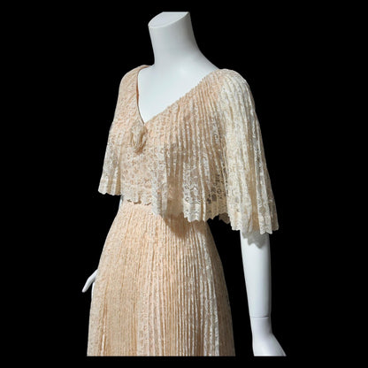 1970s vintage evening dress, peachy lace pleated dress, ruffled cape collar hippie boho chic evening gown, 36 bust