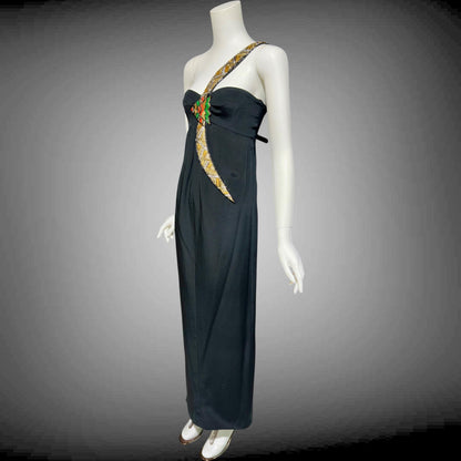 BERNARD PERRIS vintage 1980s beaded gown, black silk one shoulder sheath column evening gown, Made in France