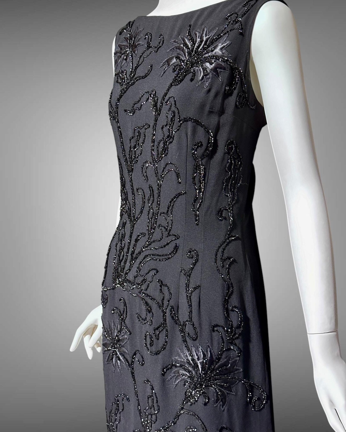 SI SI MIAMI, 1960s black sheath evening gown, wiggle bodycon dress