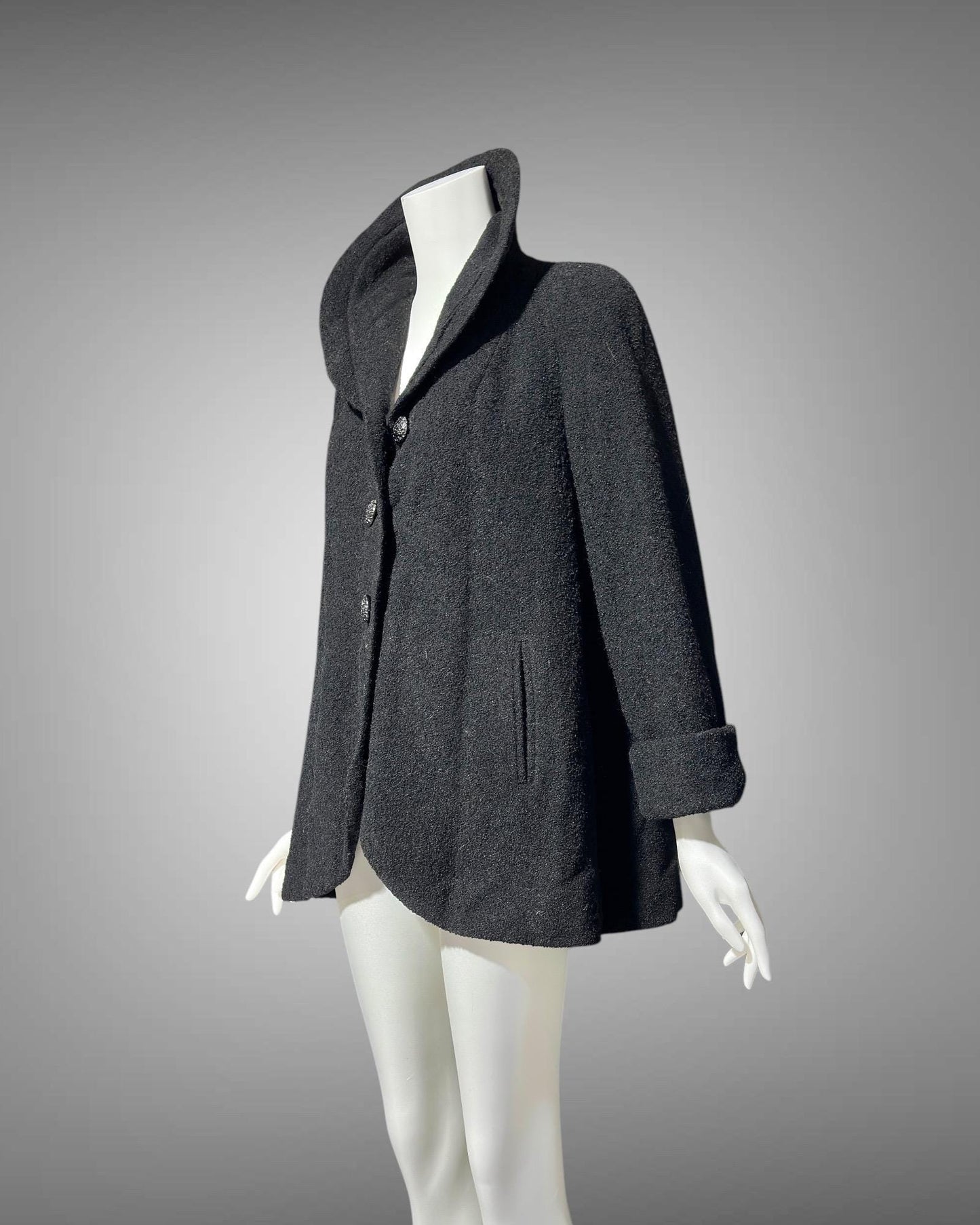 1940s vintage swing coat, black nubby wool jacket, portrait collar button front, evening opera coat