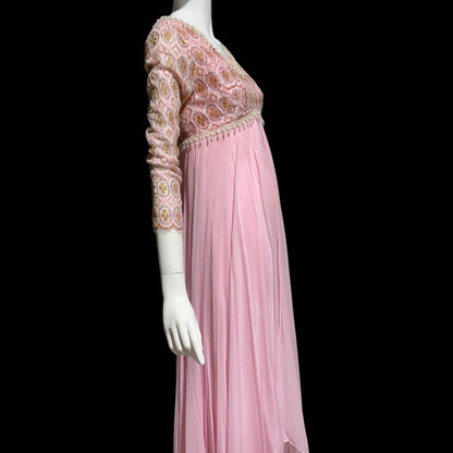 1960s Vintage evening dress, pink Bridgerton silk chiffon empire waist beaded lace formal scarf gown