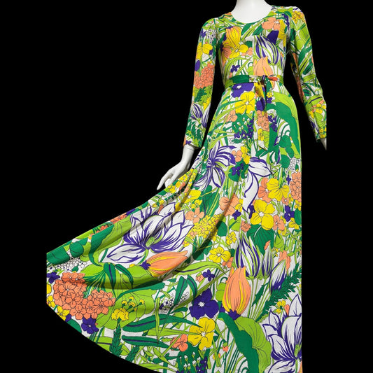 THE COMPANY, vintage 1970s maxi dress, slinky psychedelic floral print dress, long sleeve op art garden party day dress