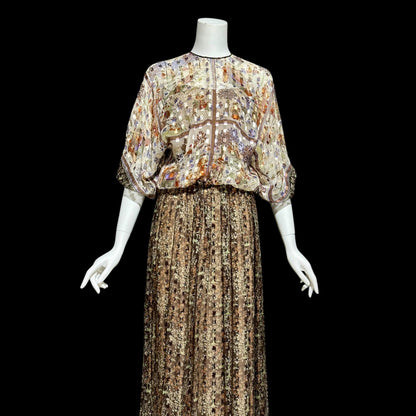 MOLLIE PARNIS, vintage 1970s evening dress, brown silk blouson formal gown