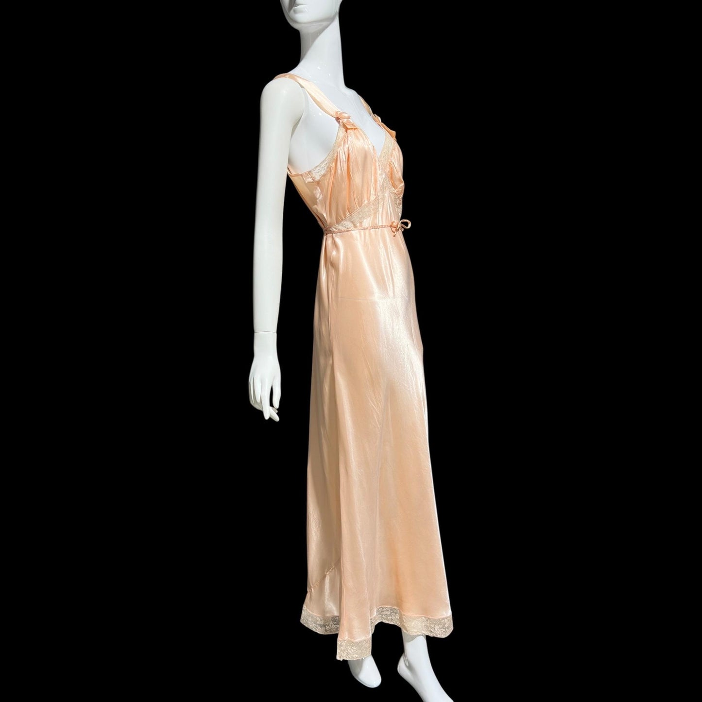 MISS SIREN, vintage 1930s Nightgown slip dress, shiny peach rayon bias cut lacy slip dress