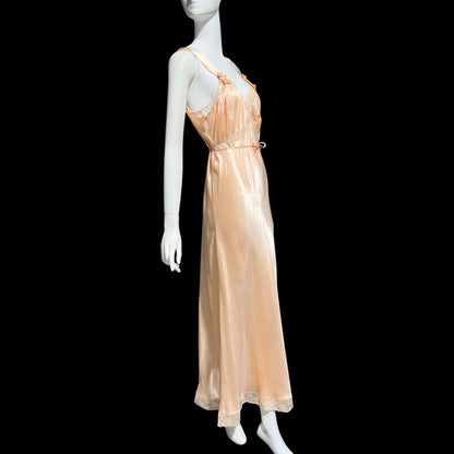 MISS SIREN, vintage 1930s Nightgown slip dress, shiny peach rayon bias cut lacy slip dress