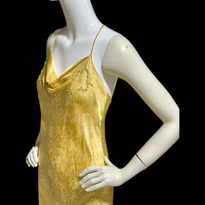 JOSIE NATORI, vintage Y2K nightgown slip dress, gold asian motif silk bias cut sequin sheath