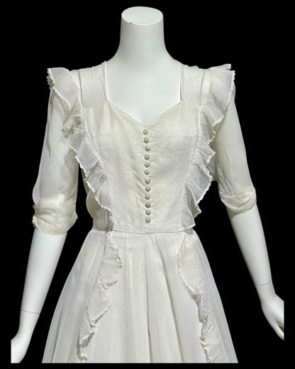 1940s vintage evening dress, White mesh ruffle wedding prom dress with full skirt