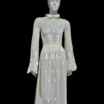 1970s vintage crochet maxi dress, white cotton open knit bridal wedding dress, Victorian style gown