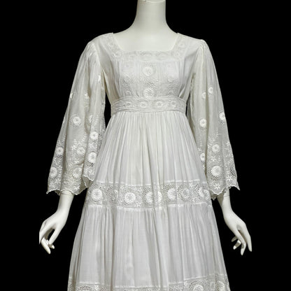 1970s Mexican Wedding dress, White batiste cotton embroidered empire ball gown