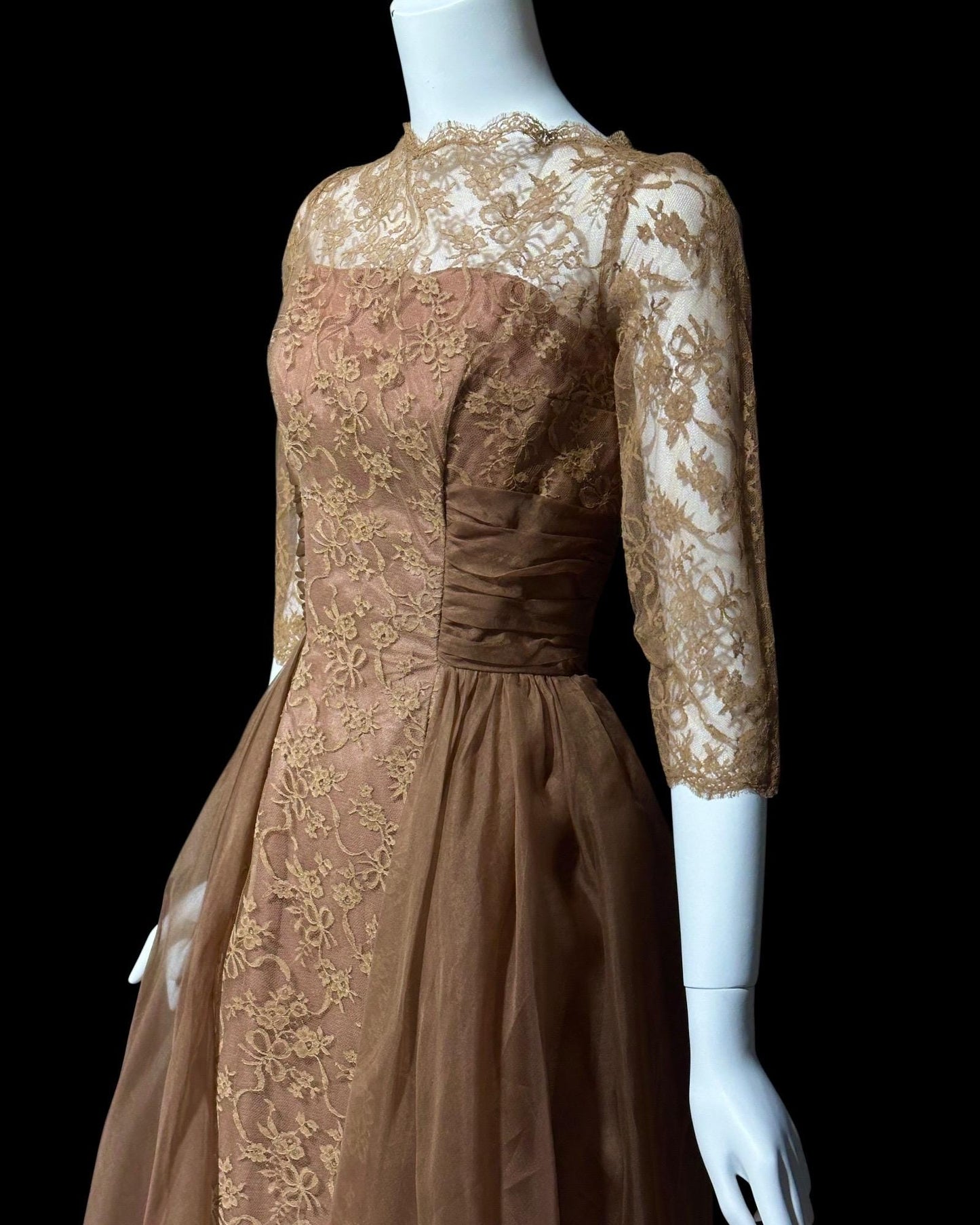 CLIFTON WILHITE vintage 1950s dress, Mocha Mousse lace organza evening cocktail party dress