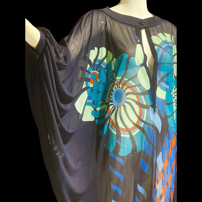 GOTTEX Vintage 1970s sheer kaftan caftan style dress, Sheer nylon navy blue Abstract flowers