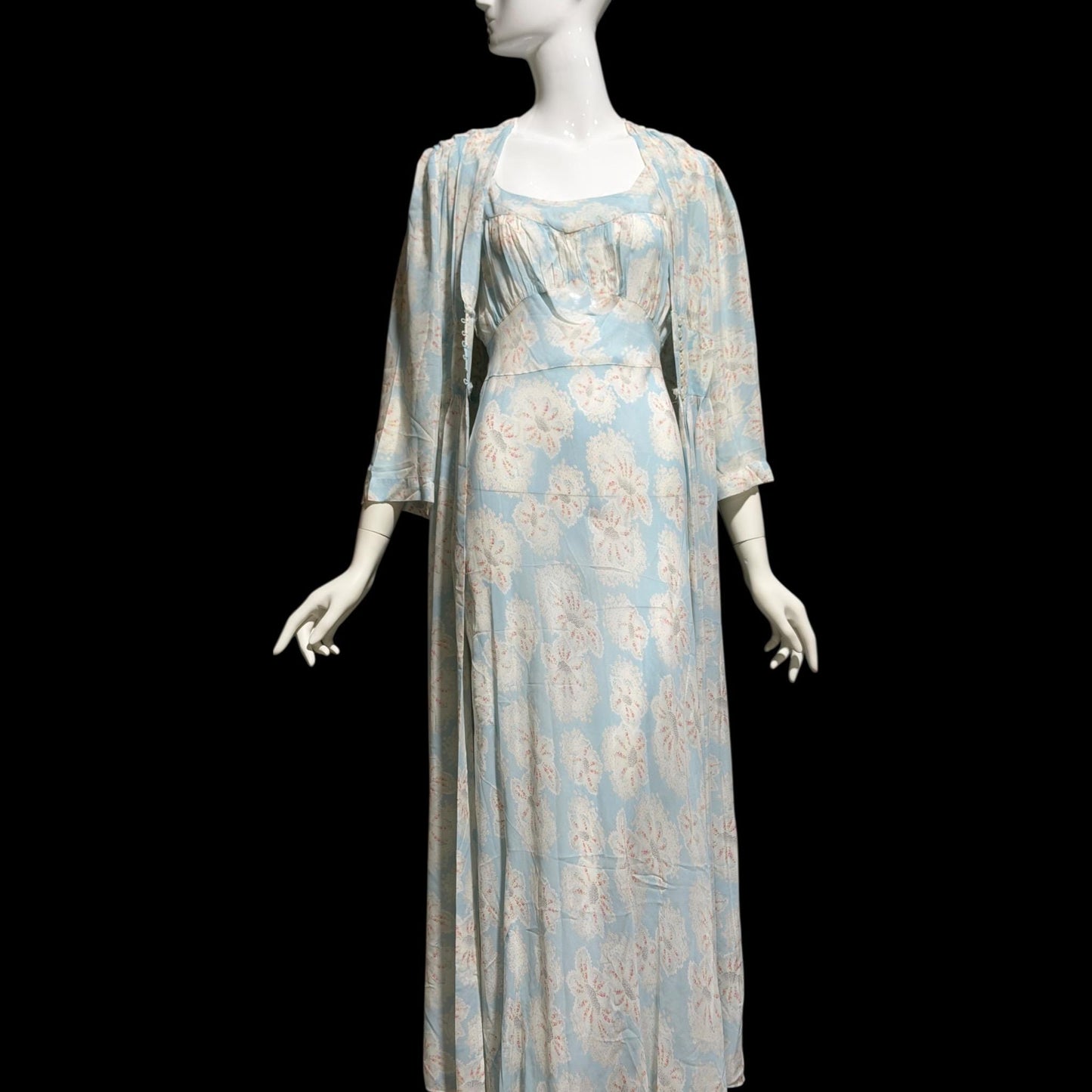 RADCLIFFE vintage nightgown robe set, 1940s FLORAL blue bias cut lingerie slip dress peignoir
