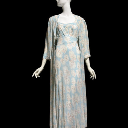 RADCLIFFE vintage nightgown robe set, 1940s FLORAL blue bias cut lingerie slip dress peignoir