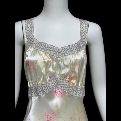 RADCLIFFE vintage 1930s nightgown, "Great Master Print" floral hydrangea night dress, bias cut with pale blue eyelet lace