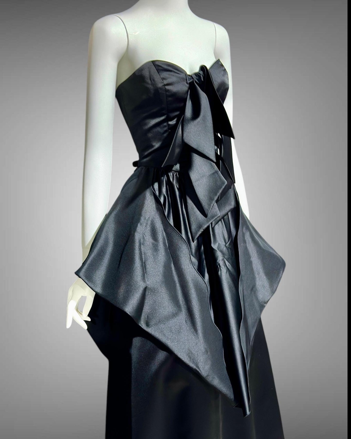 HOLLY HARP vintage 1980s evening ball gown, Black satin architectural peplum party dress