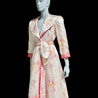 1940s Vintage Quilted Dressing Gown: White and hot pink floral satin wrap front robe