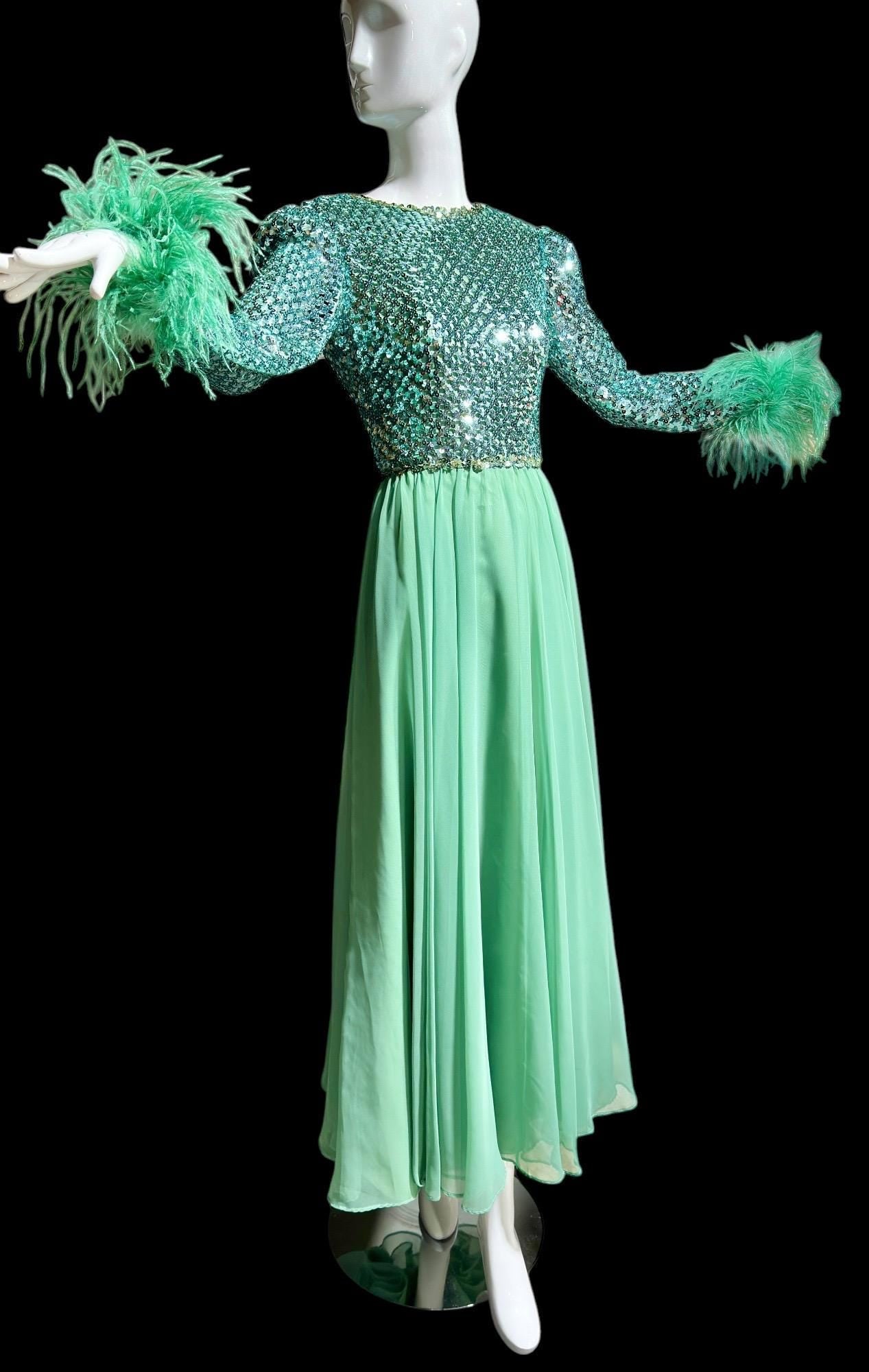 Custom Made, vintage 1970s evening dress gown, sea green chiffon and sequin ball gown with Ostrich Feathers