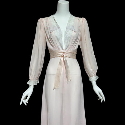 B. ALTMAN, vintage 1940s dressing gown, pink floral and lace sheer house coat robe