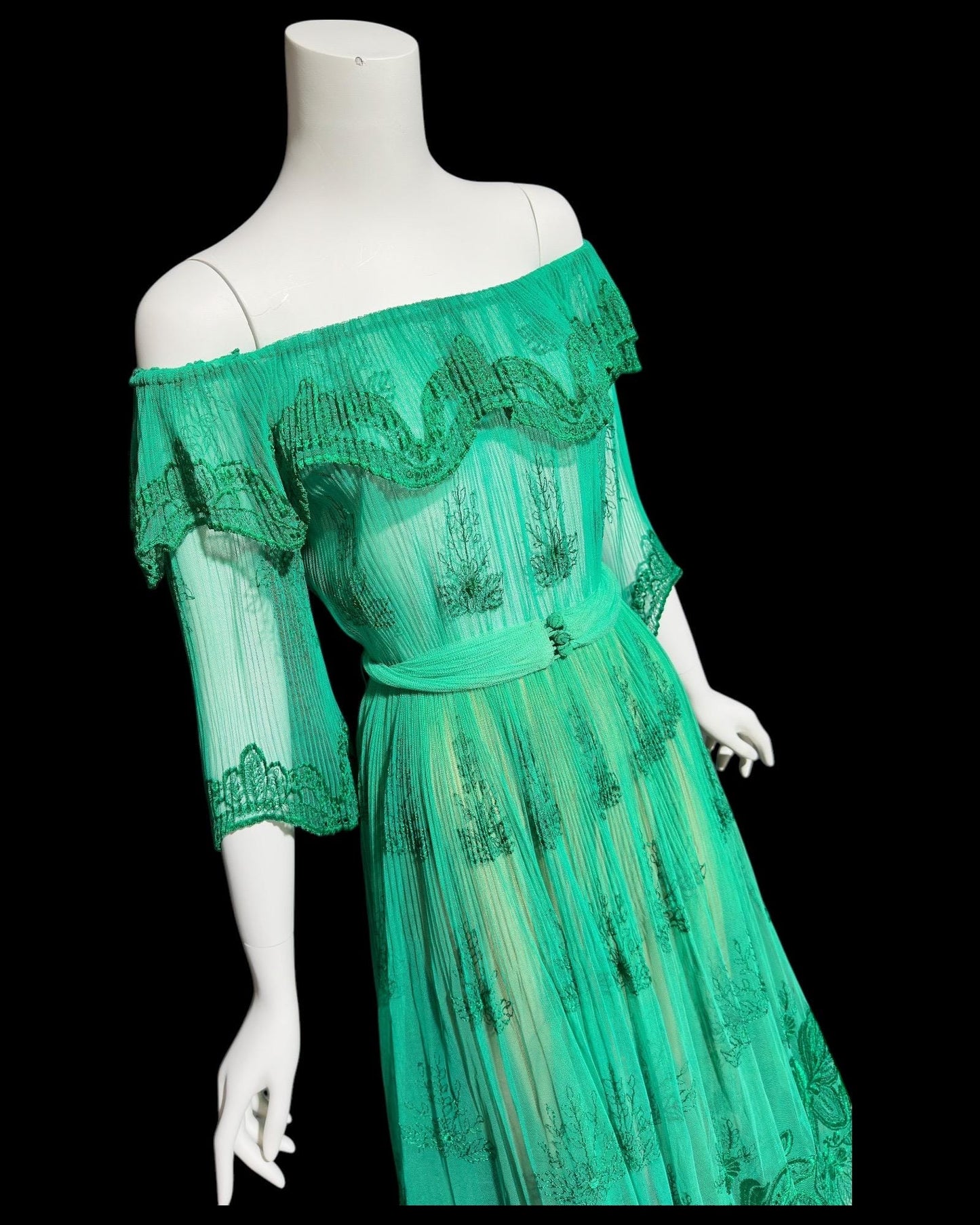 FRANK USHER vintage 1970s green embroidered net gown, ruffle neckline, full sweep party dress