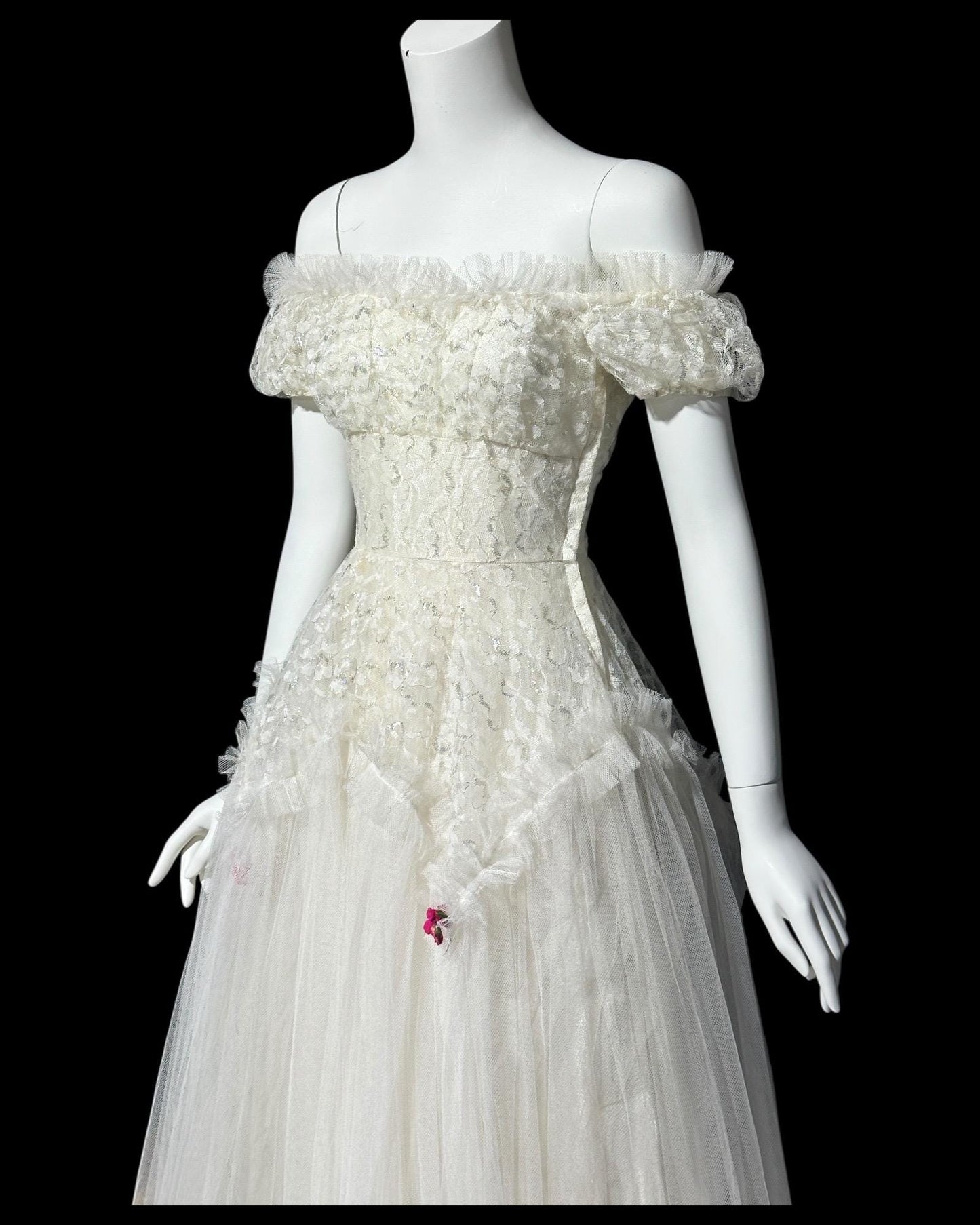 1950s vintage white prom dress, tea length net tulle cupcake evening gown, off the shoulder ball gown