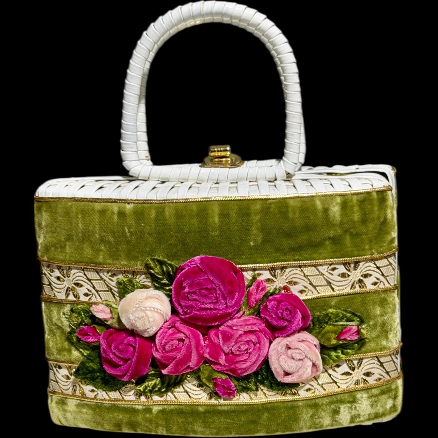 1950s vintage handbag purse, White straw with 3D velvet roses top handle basket purse