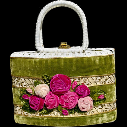 1950s vintage handbag purse, White straw with 3D velvet roses top handle basket purse