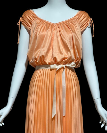 1970s vintage evening dress, peach blouson pleated jersey knit goddess gown