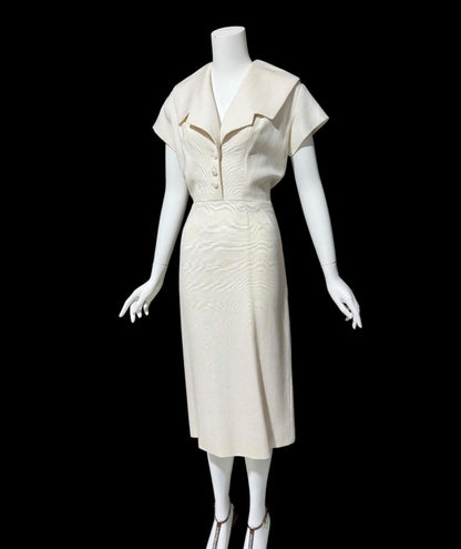 IRENE GALITZINE, vintage 1940s oatmeal linen cocktail day dress