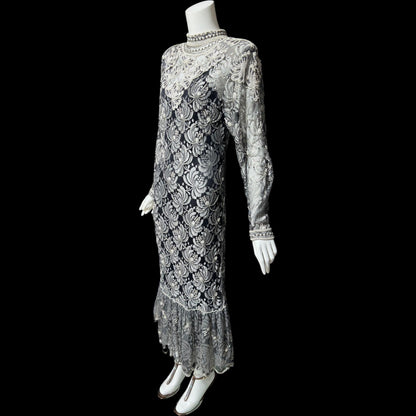 JUDITH ANN, Vintage 1980s sheer beaded dress, Black sheer mesh with beads, Hight neck with ruffle sheath cocktail party dress