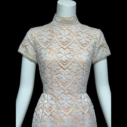 VICTOR COSTA, vintage 1970s evening dress, white and peach lace high neck column dress