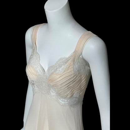 ROGERS vintage 1950s nightgown slip dress, ethereal soft peach chiffon and lace pin tucks, full length