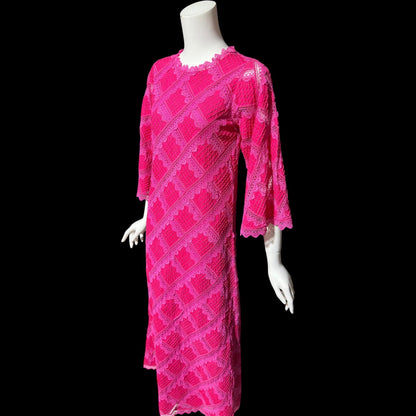 XIHUATL vintage 1960s Mexican cotton day dress, Hot Pink Pintuck Patchwork cotton and lace